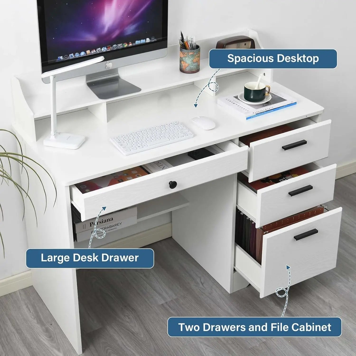 White Computer Desk with 4 Drawers, Hutch & Shelf - Ergonomic Home Office Workstation for Students
