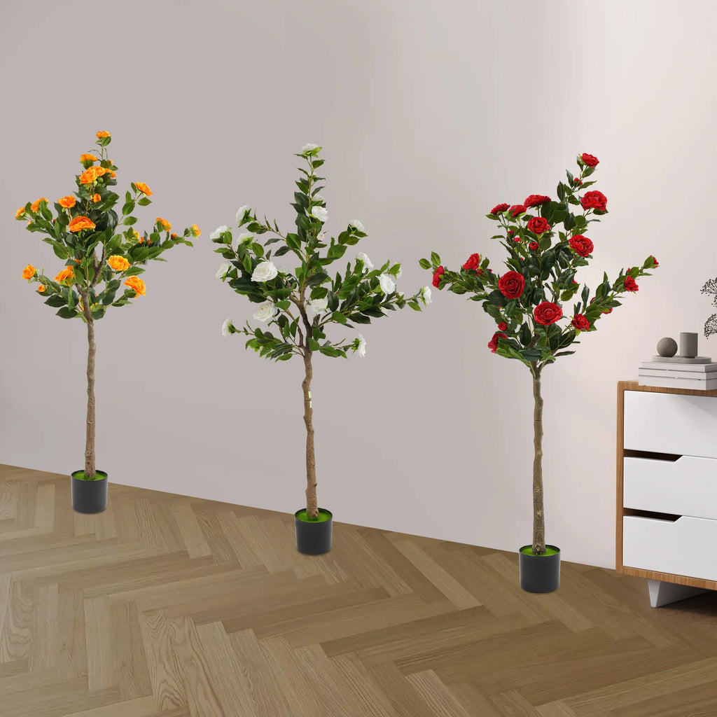 Potted Faux Camellia Plant with Red Flowers, Artificial Camellia Tree, Home Decor, Lifelike Fake Floral Tree for Patio & Office