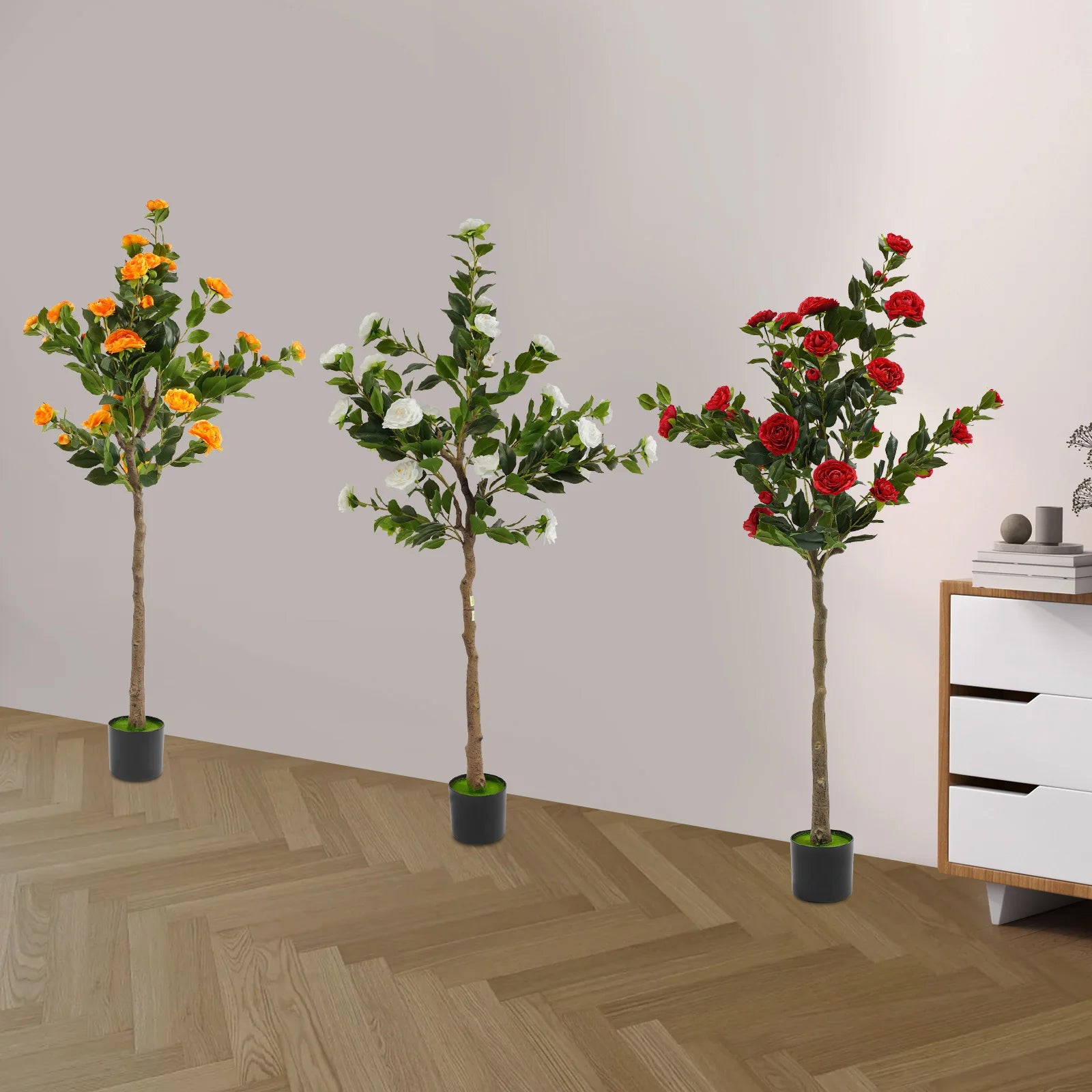 Potted Faux Camellia Plant with Red Flowers, Artificial Camellia Tree, Home Decor, Lifelike Fake Floral Tree for Patio & Office