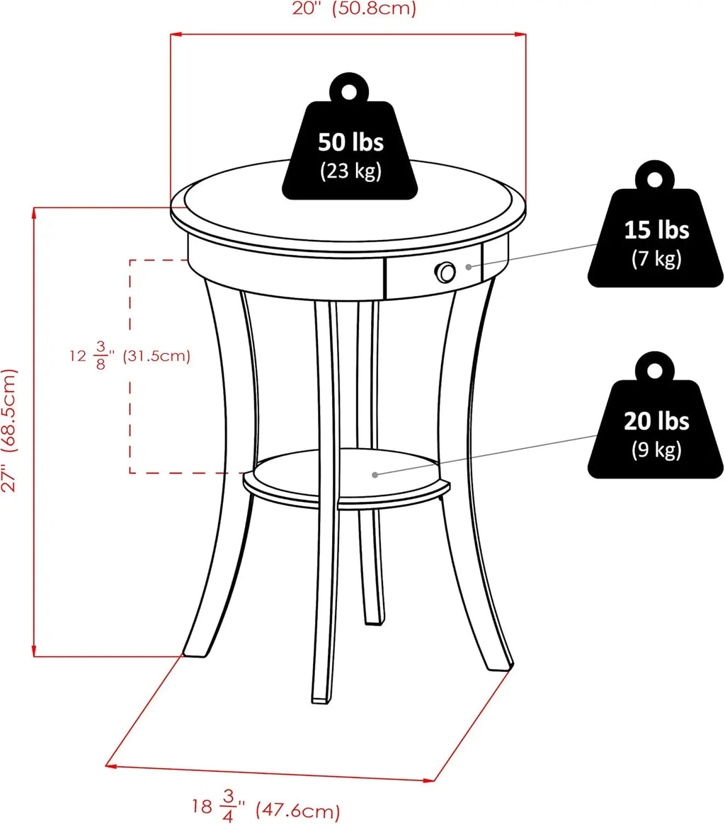 Sasha Round Accent Table with Drawer and Shelf, for Bedroom, Living Room, White