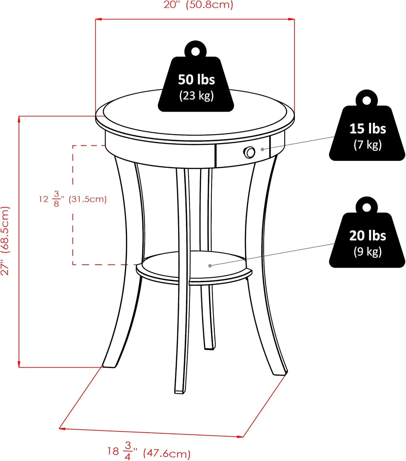 Sasha Round Accent Table with Drawer and Shelf, for Bedroom, Living Room, White