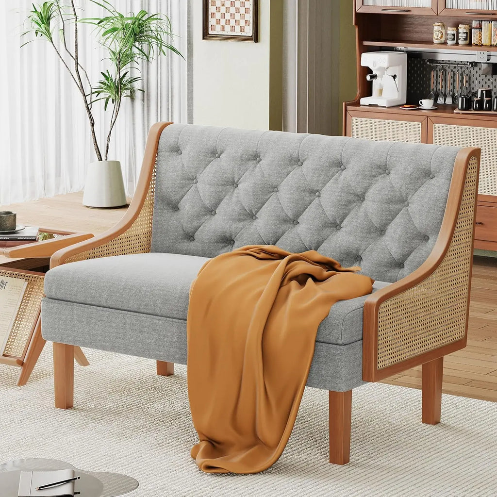 Loveseat Settee Bench with Natural Rattan Arms ,Upholstered Modern Mini Sofa Couch ,Banquette Dining Bench/Love Seat