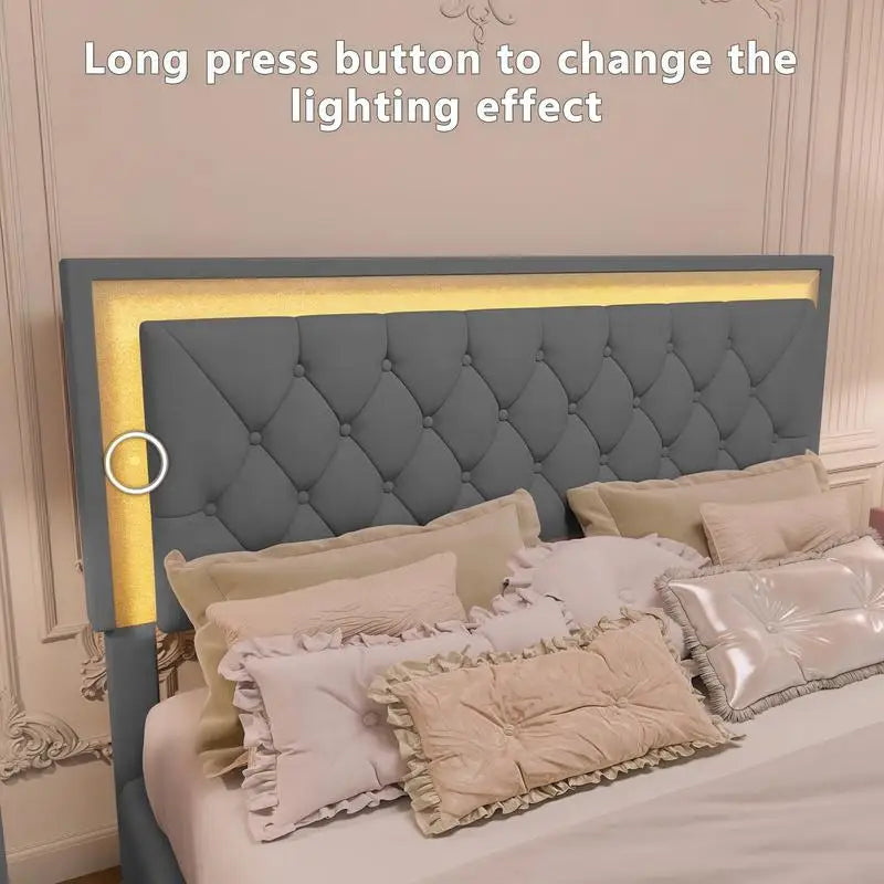 Queen Size Upholstered Platform Bed with LED Lights and 2 Nightstands in Gray - 3-Piece Bedroom Set