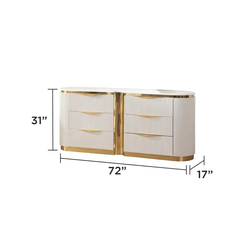 King Upholstered Bed Set, 6 Pieces with Gold Detailing, White Wood Finish