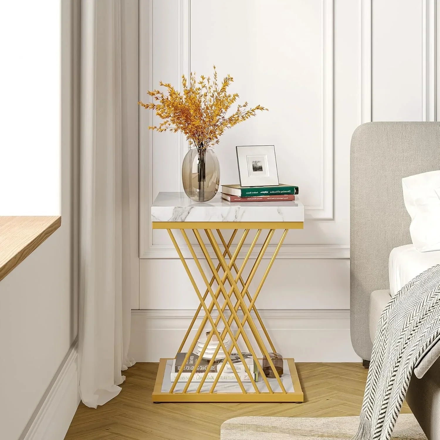 Square End Table White Gold 2-Tier Side Table Modern Small Table with Storage for Couch, Faux Marble White +Gold