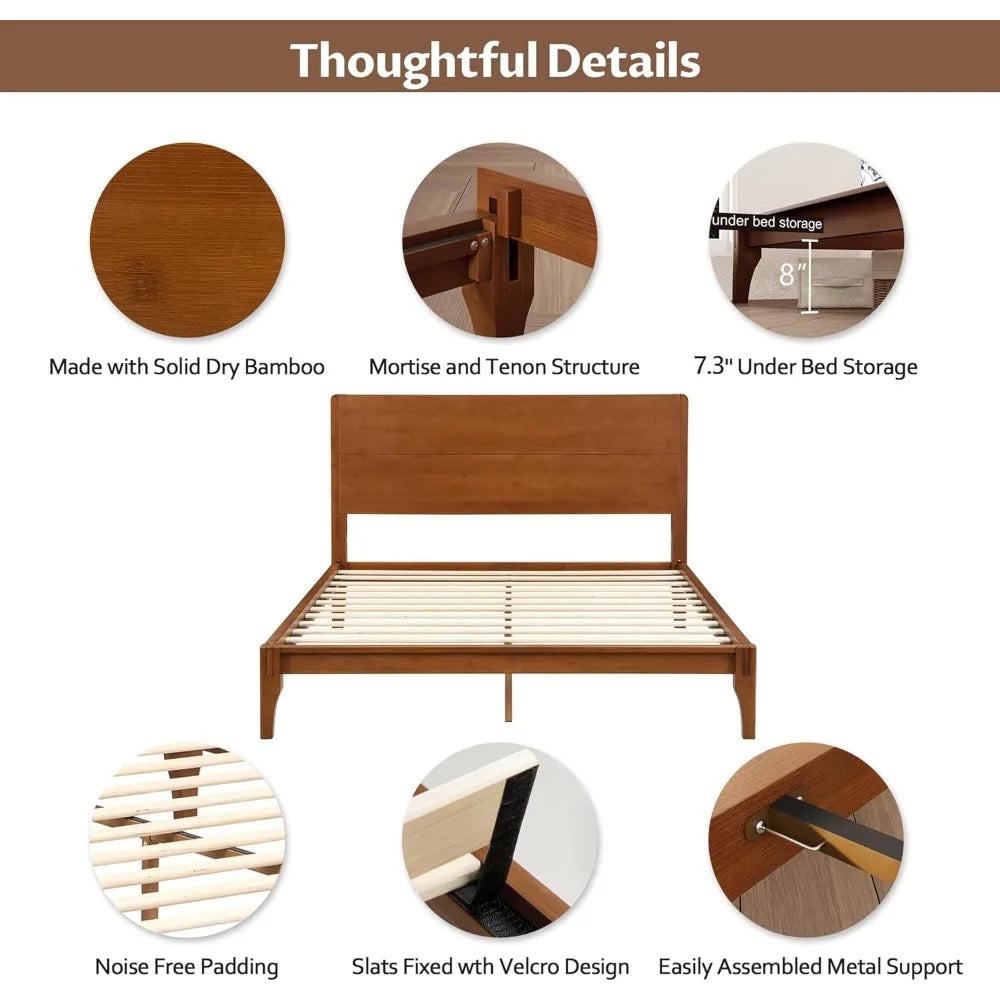 Full Size Bamboo Platform Bed, with Tall Headboard