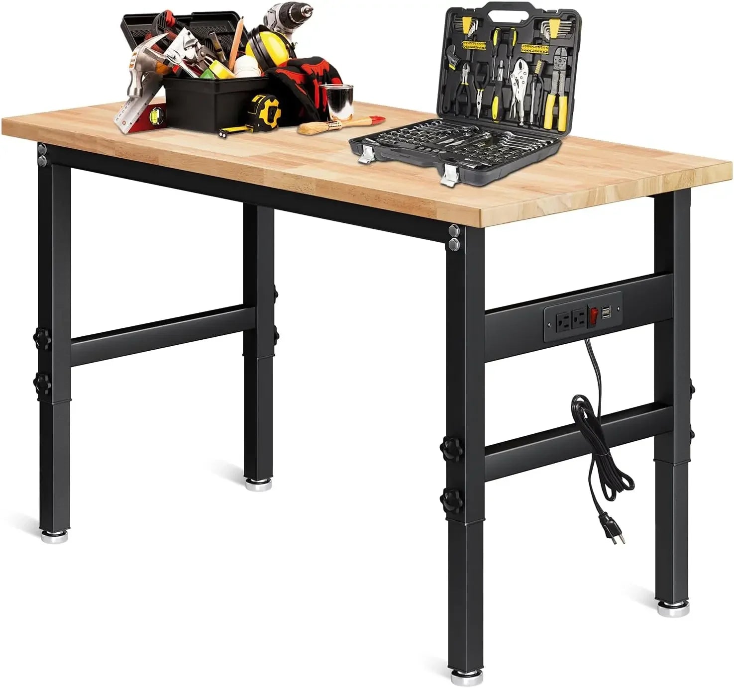 Customizable 48" Adjustable Workbench with Power Outlet, Oak Hardwood Top Heavy Duty Work Bench, Wood Workbench for Garage