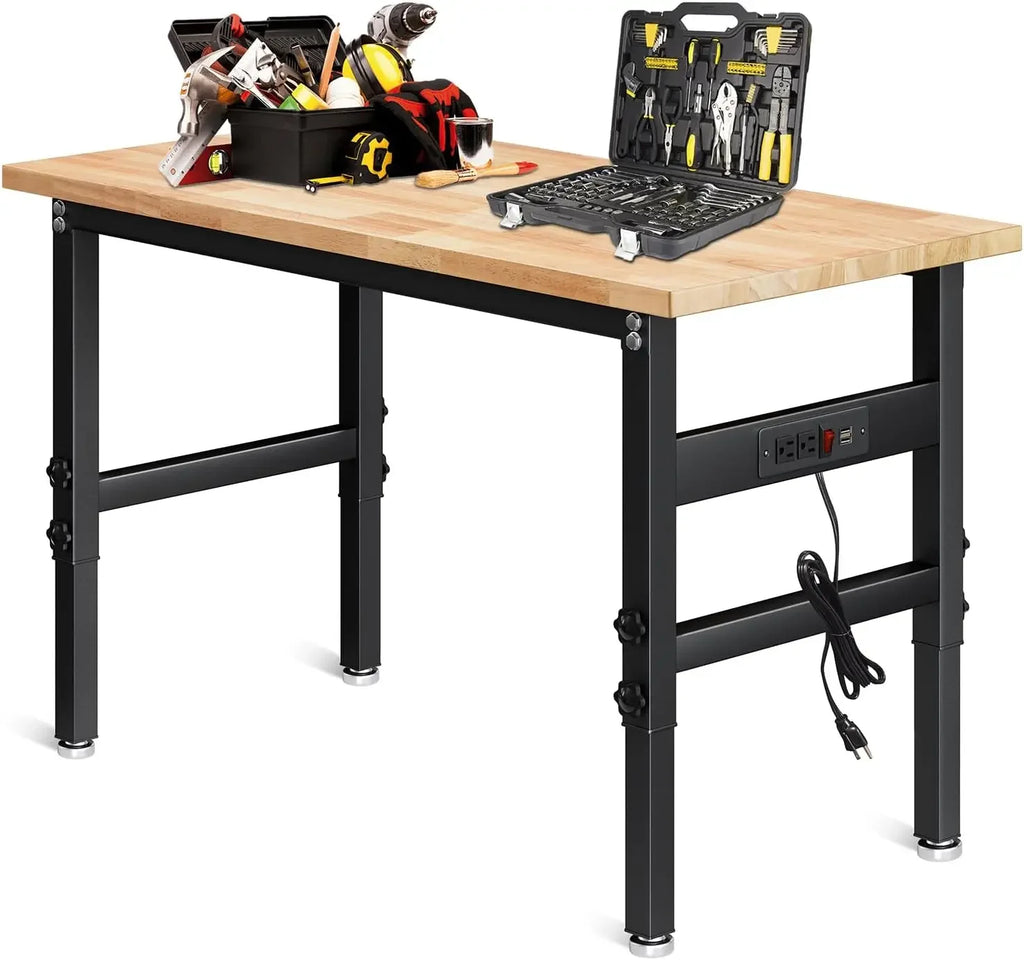 Customizable 48" Adjustable Workbench with Power Outlet, Oak Hardwood Top Heavy Duty Work Bench, Wood Workbench for Garage