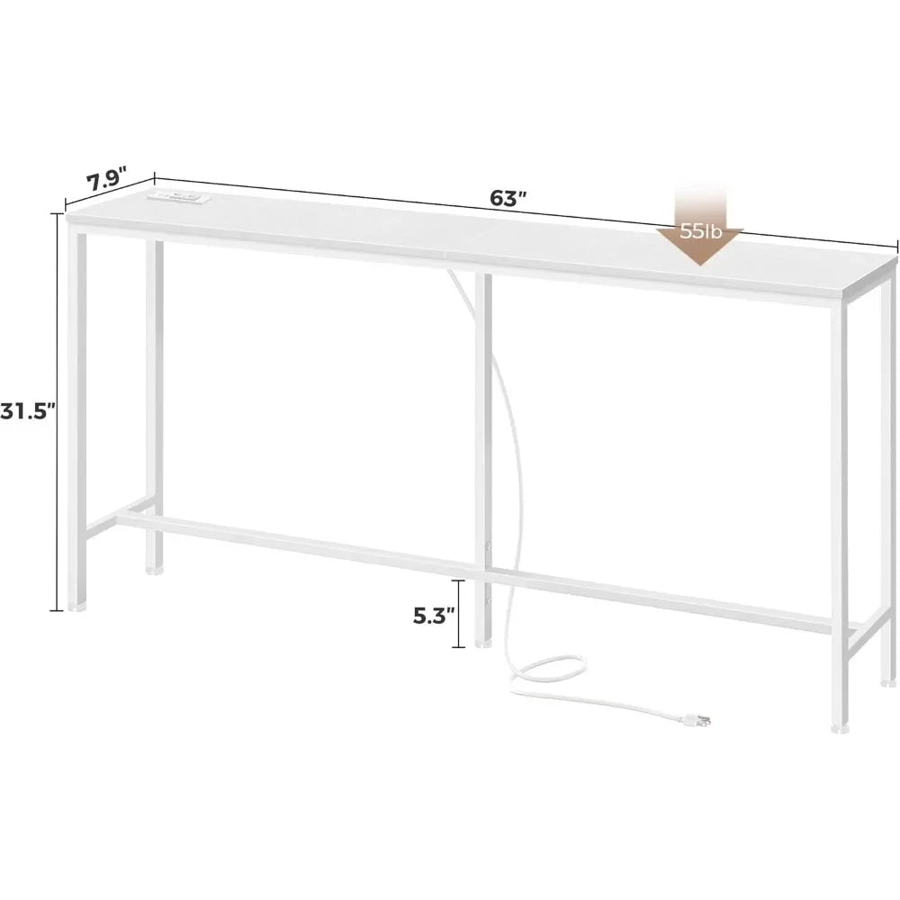 Console Table with Outlet, 63" Sofa Table with Charging Station, Narrow Entryway Table, Skinny Hallway Table, Behind Couch