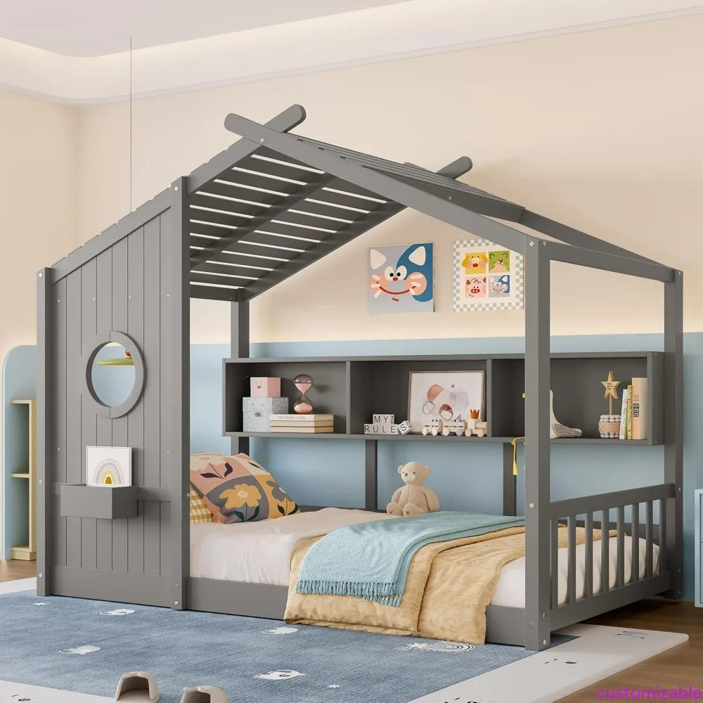 Twin-Sized Storage-Friendly Kids' Montessori Bed with Wooden House Frame and Roof