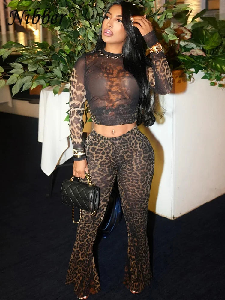 Sexy 2 Piece Set Women See Through Midnight Party Full Sleeve Crop Top + Pants Matching Clubwear