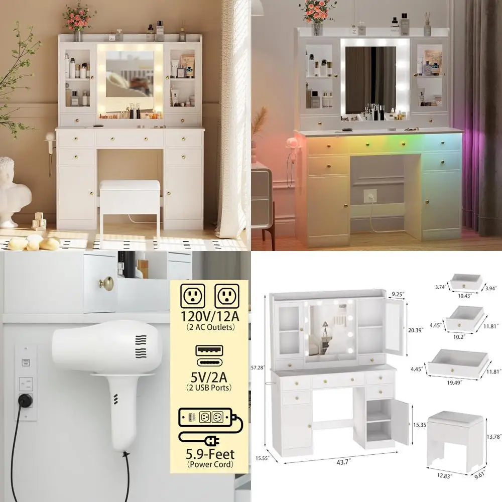 Illuminated Makeup Vanity Desk with White Mirror, Chair, and Charging Station