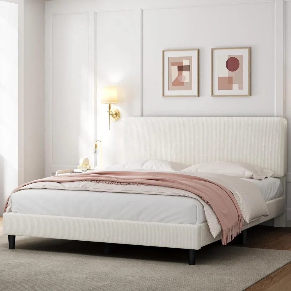 Full Size Bed Frame with Adjustable Headboard, Chenille Fabric Upholstered Headboard