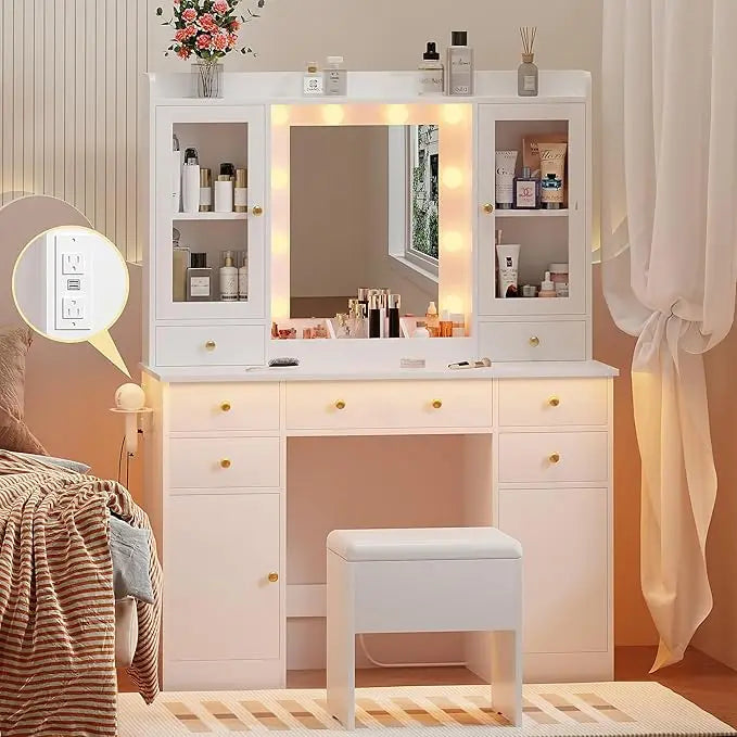 Illuminated Makeup Vanity Desk with White Mirror, Chair, and Charging Station