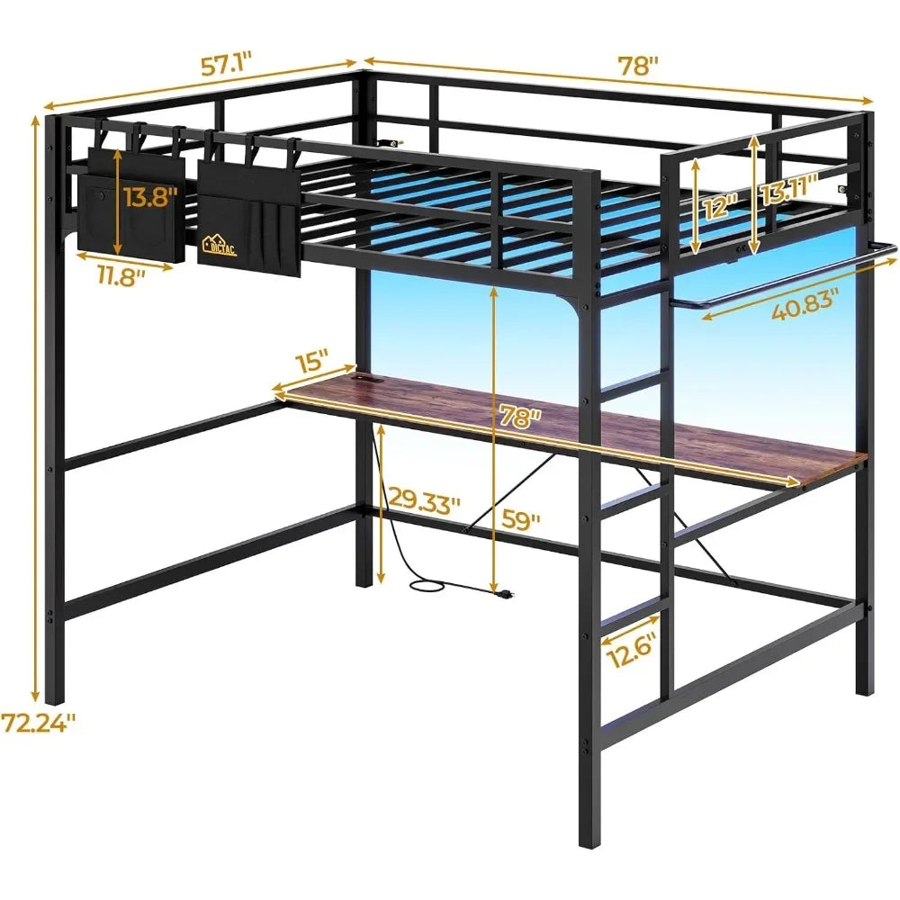 Full-Size Metal Loft Bed with Desk, LED Lighting, and Charging Station