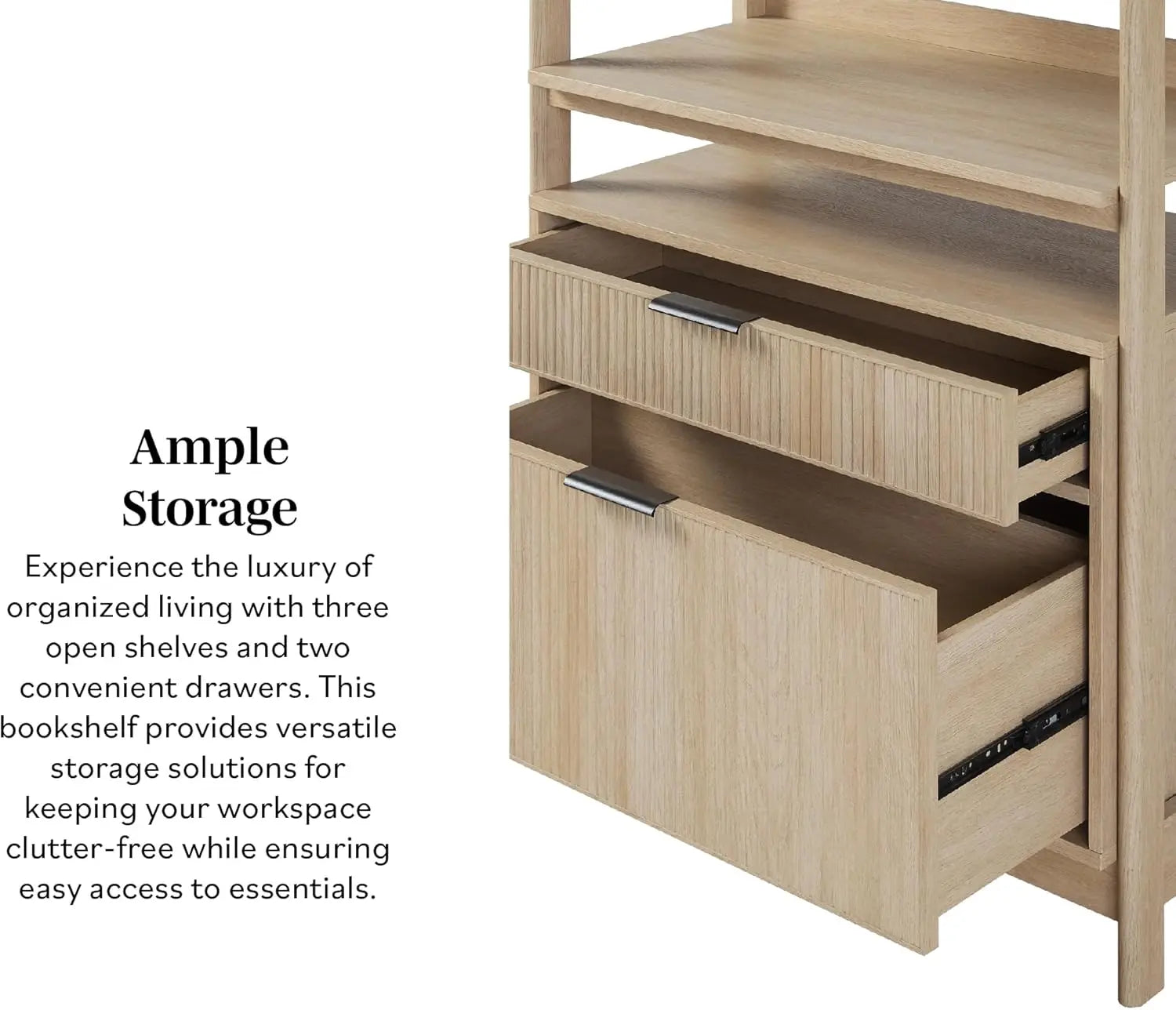 Transitional Open Reeded 4-Shelf Bookshelf with Drawers Versatile Bookcase with Bottom Storage for Home Office