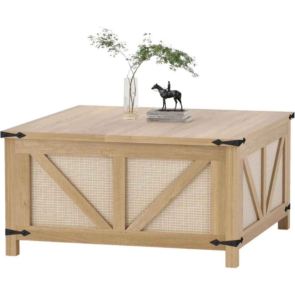 35'' Lift Top Coffee Table, Square Rattan Center Table with Large Hidden Storage, Farmhouse Coffee Tables for Living Room, Home
