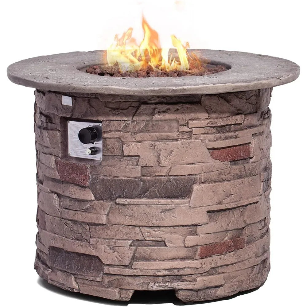 Outdoor Propane Concrete Fire Pit Table w/ Imitation Stone Surface 32-inch Round Fire Table, CSA Certified, 40,000 BTU Stainless