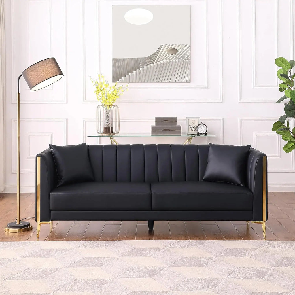 78'' Sofa, Black Faux Leather Couch / Sofa 3 Seater Couch with 2 Throw Pillows and Gold Metal