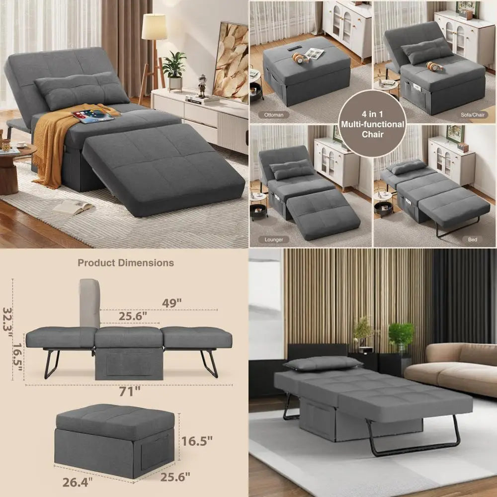 Sleeper Chair, Bed, 4 in 1 Sofa Bed, Assembly-Free Folding Ottoman with Adjustable Backrest and Pillow, Breathable Linen