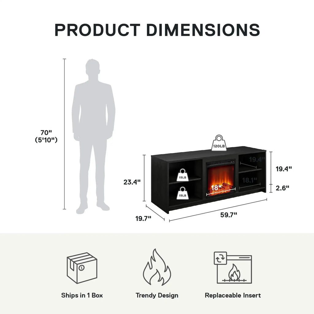 Fireplace TV Stand for TVs up to 65", Black Oak