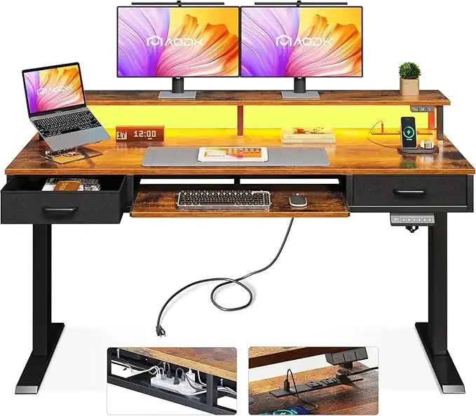 Electric Standing Desk with Drawers & Keyboard Tray, 55" Height Adjustable Gaming Desk with Power Outlets & LED Lights