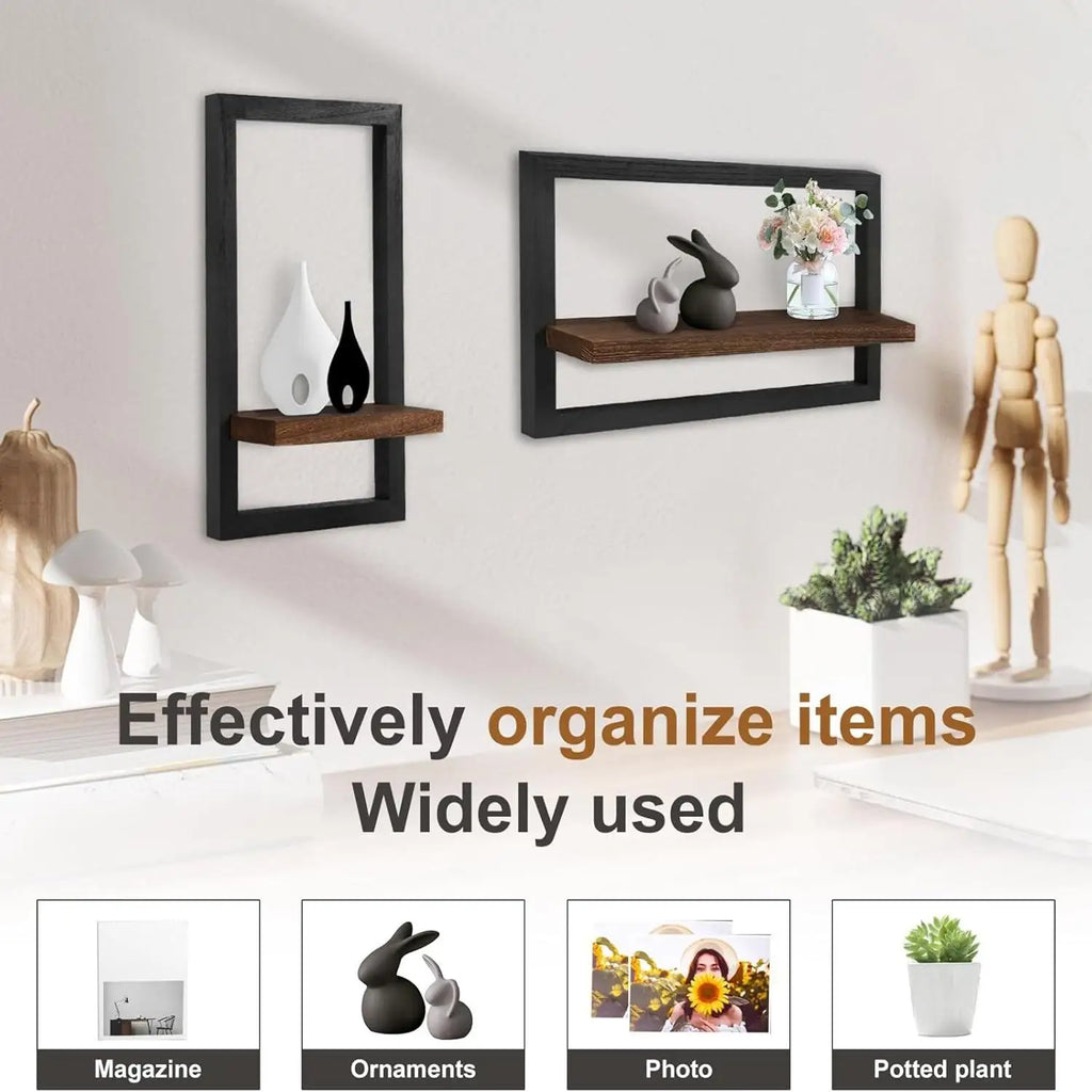 2Pcs Solid Wood Floating Shelves Set/ Wall Mounted Square Frame/ Hanging Shelf/ Modern Home Decor/ Organizer Rack for Living Room/ Bedroom Bathroom Plant Display /Aesthetic Room Accessories Wall Art Storage