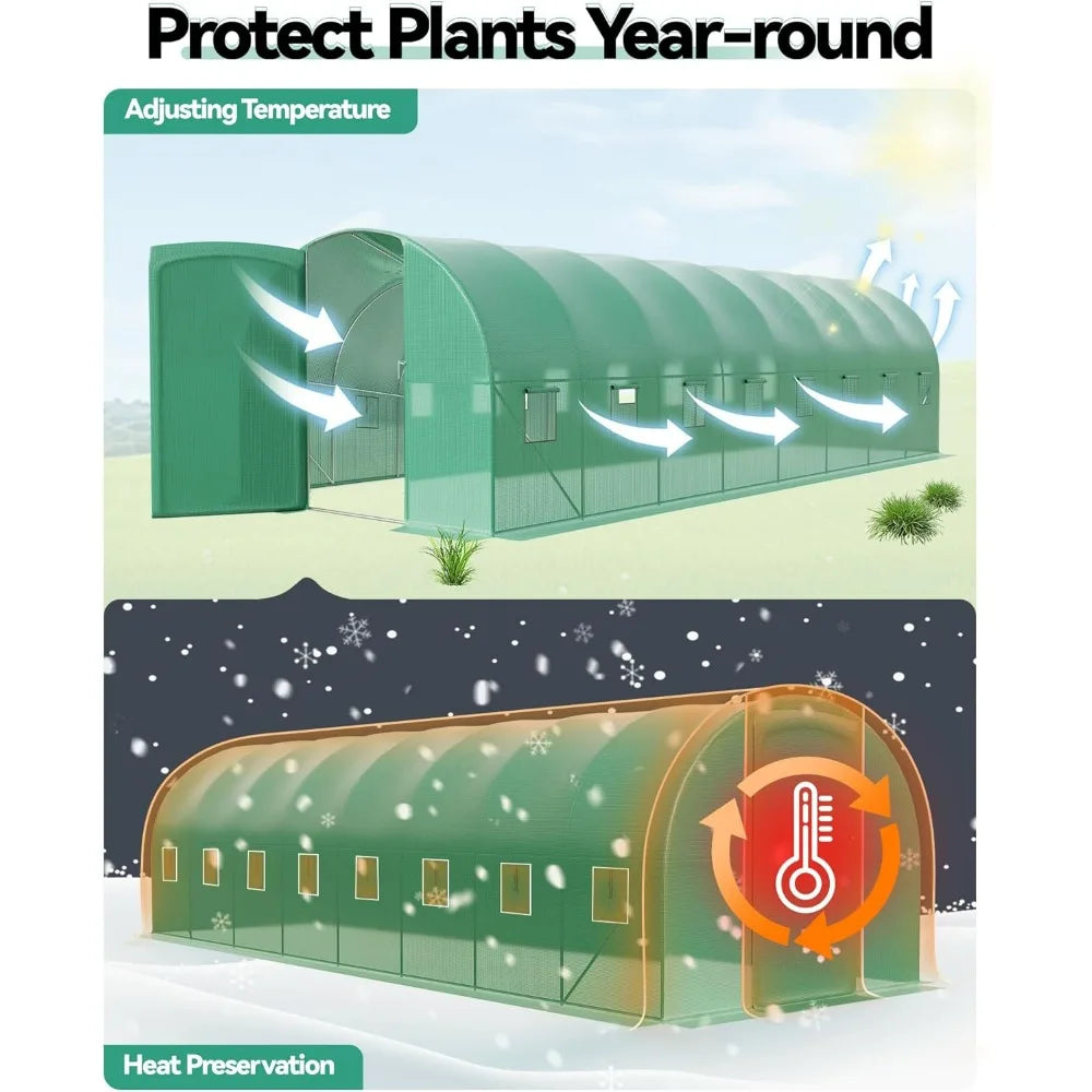 Expansive 27x10x7 Ft Outdoor Greenhouse with Hinged Door, 16 Ventilation Meshes, Robust Galvanized Steel Construction