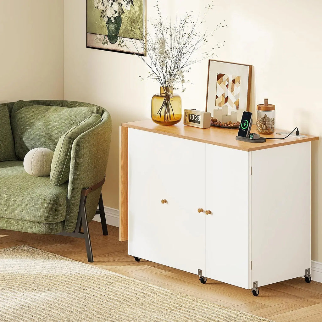 Folding Sewing Table w/Charging Station, Sewing Table with Storage, Multi-Craft Desk with Lockable Casters, Magnetic Doors