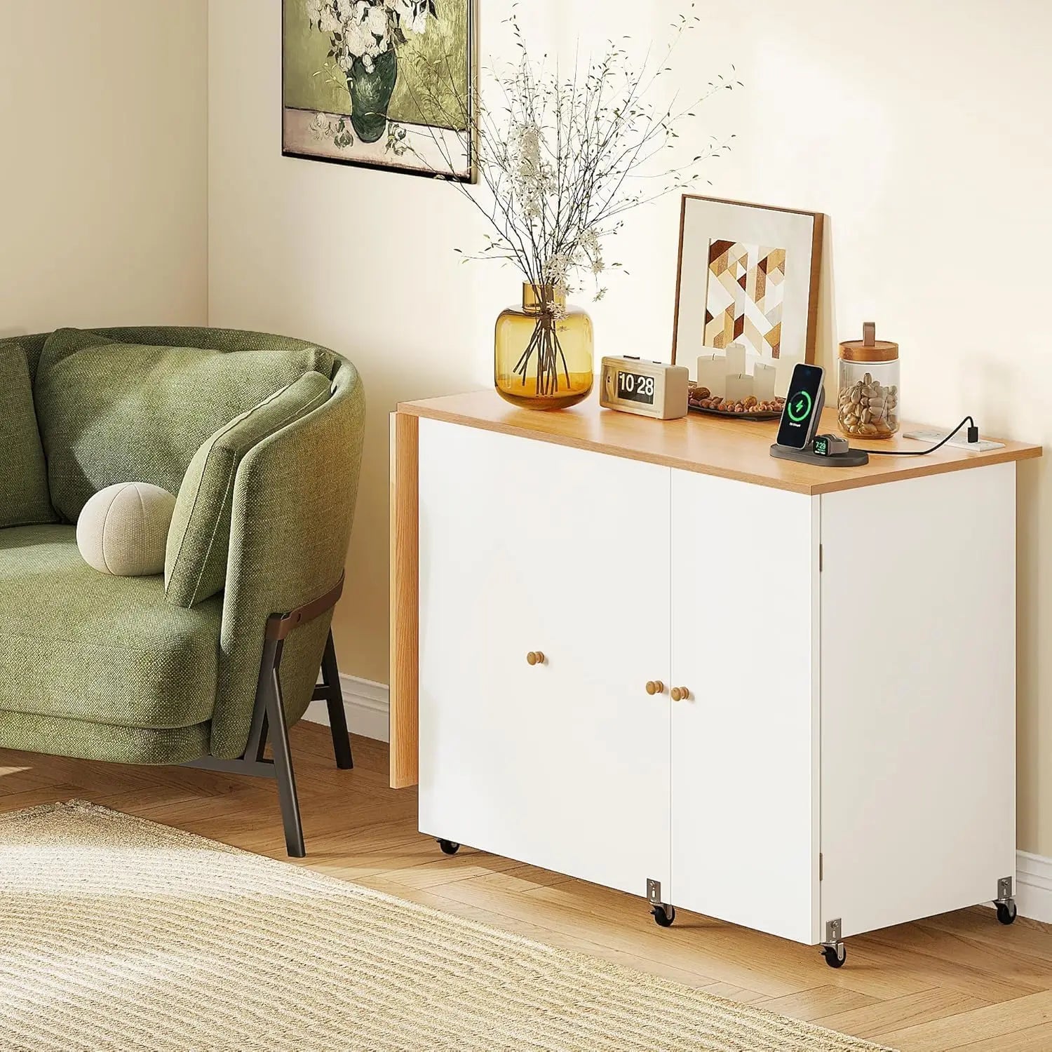 Folding Sewing Table w/Charging Station, Sewing Table with Storage, Multi-Craft Desk with Lockable Casters, Magnetic Doors