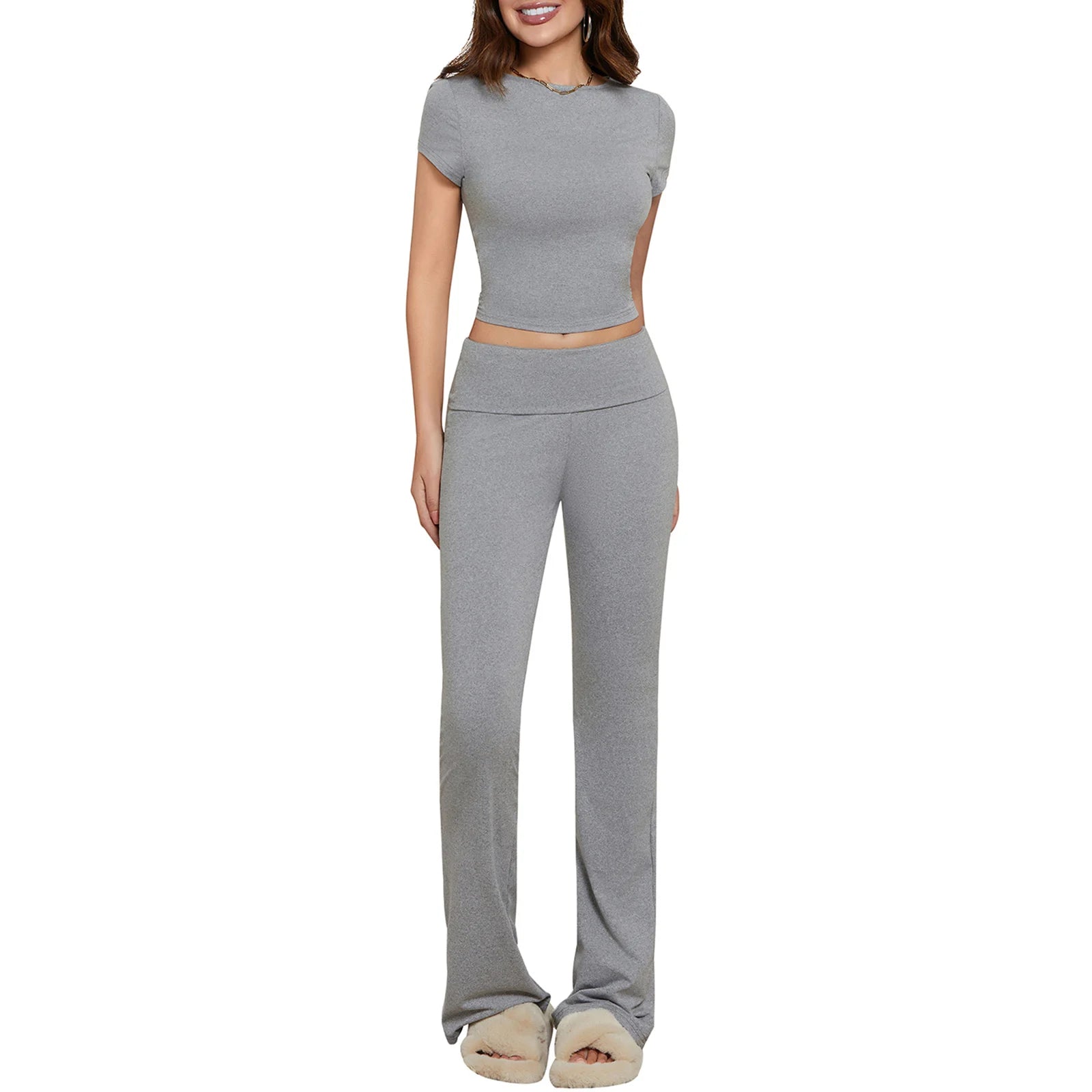 Women' s 2 Piece Casual Outfit, Short Sleeve Crop Top, Solid Color Skinny Pants Set