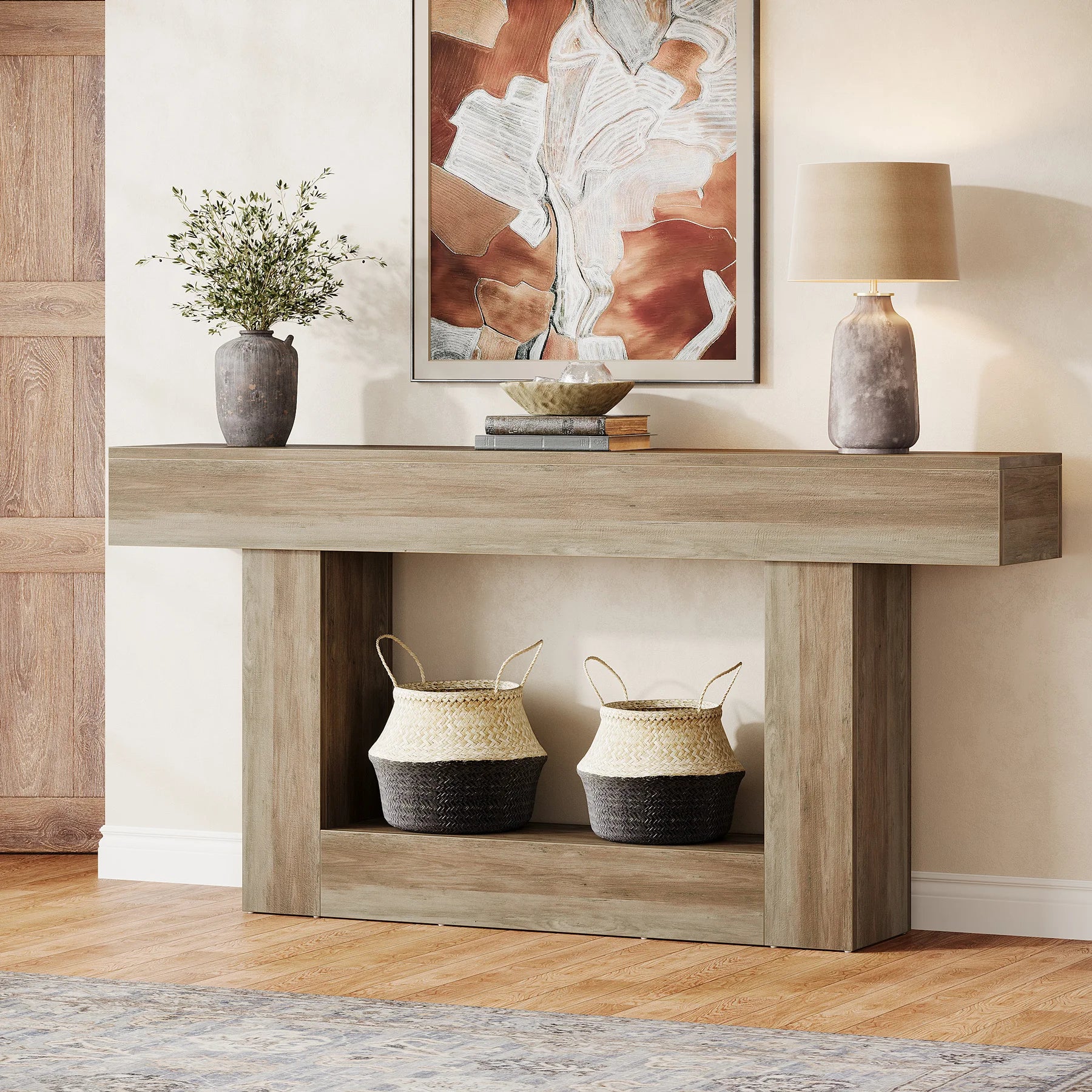 Tribesigns 63" Console Table, Farmhouse 2-Tier Entryway Table with U-Shaped Base, Narrow Long Wood Sofa Table Behind Couch Table