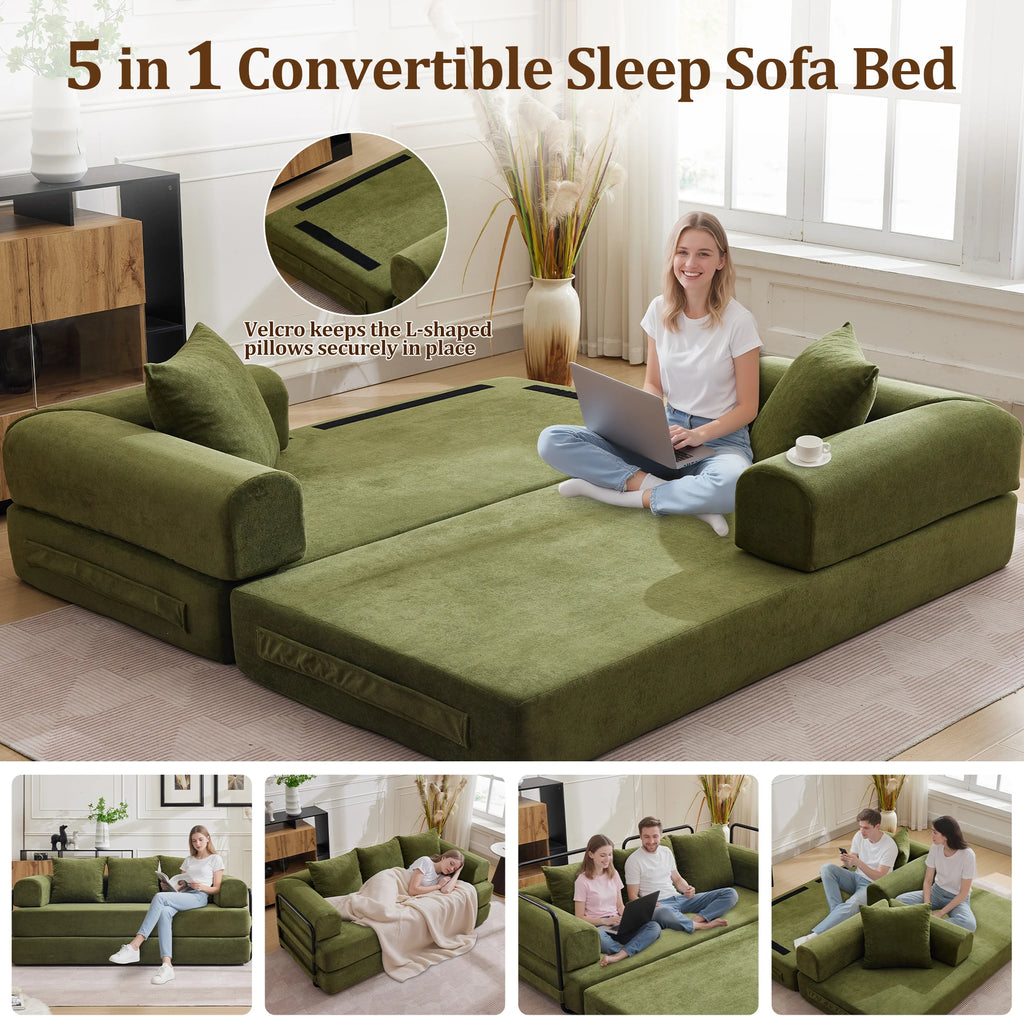 Convertible Sofa Bed with Pillows Modular Floor Sofa with Fixed-Shape Frame Chenille, Removable Folding Mattress Couch