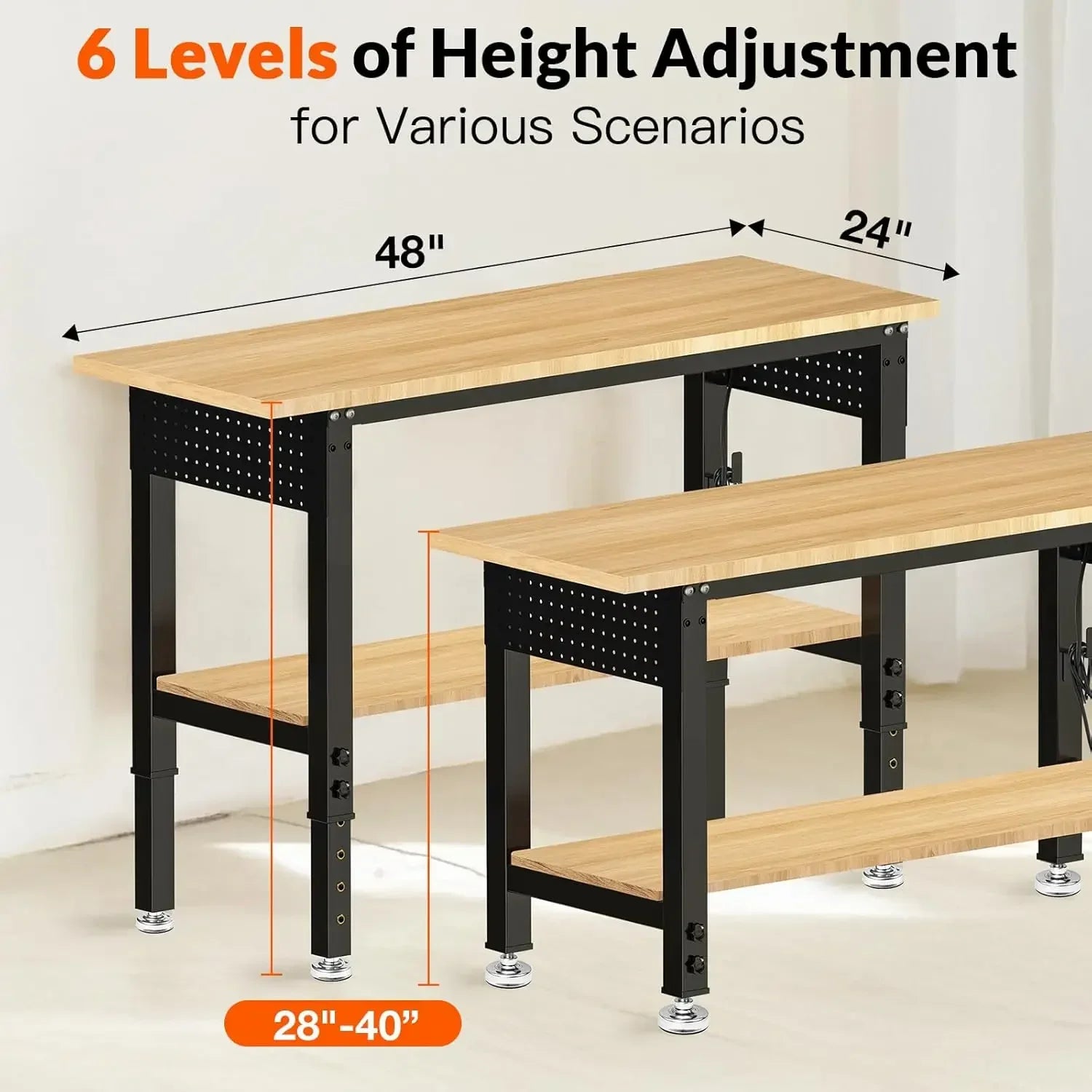Customizable Adjustable Height Work Bench 48×24 Workbench for Garage with Under Table Shelf Heavy Duty