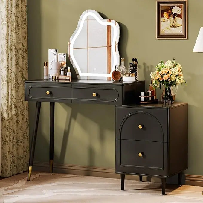 31.5" Brown Stylish Corner Makeup Vanity Table with Lighted Mirror and 4 Spacious Drawers，
