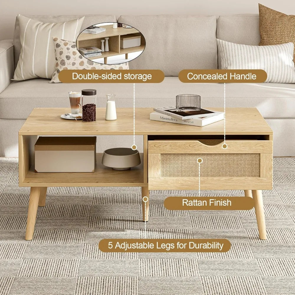 Storage Coffee Table, Bohemian Rattan Drawer , Compact Coffee Tables for Living Spaces, Oak Finish