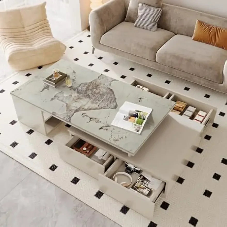 Extendable Tabletop Coffee Table with 4 Drawers & Storage Shelf, Modern from 51-Inch to 71-Inch Center Table for Living Room