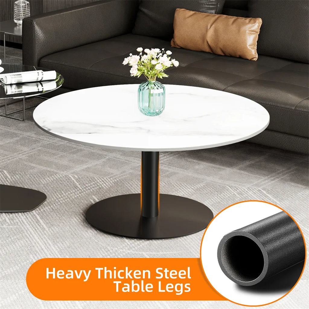 LUVODI Modern Round Marble Coffee Table Set of 2 Living Room Center Table Sofa Side Desk with Black Glass End Table w Metal Legs
