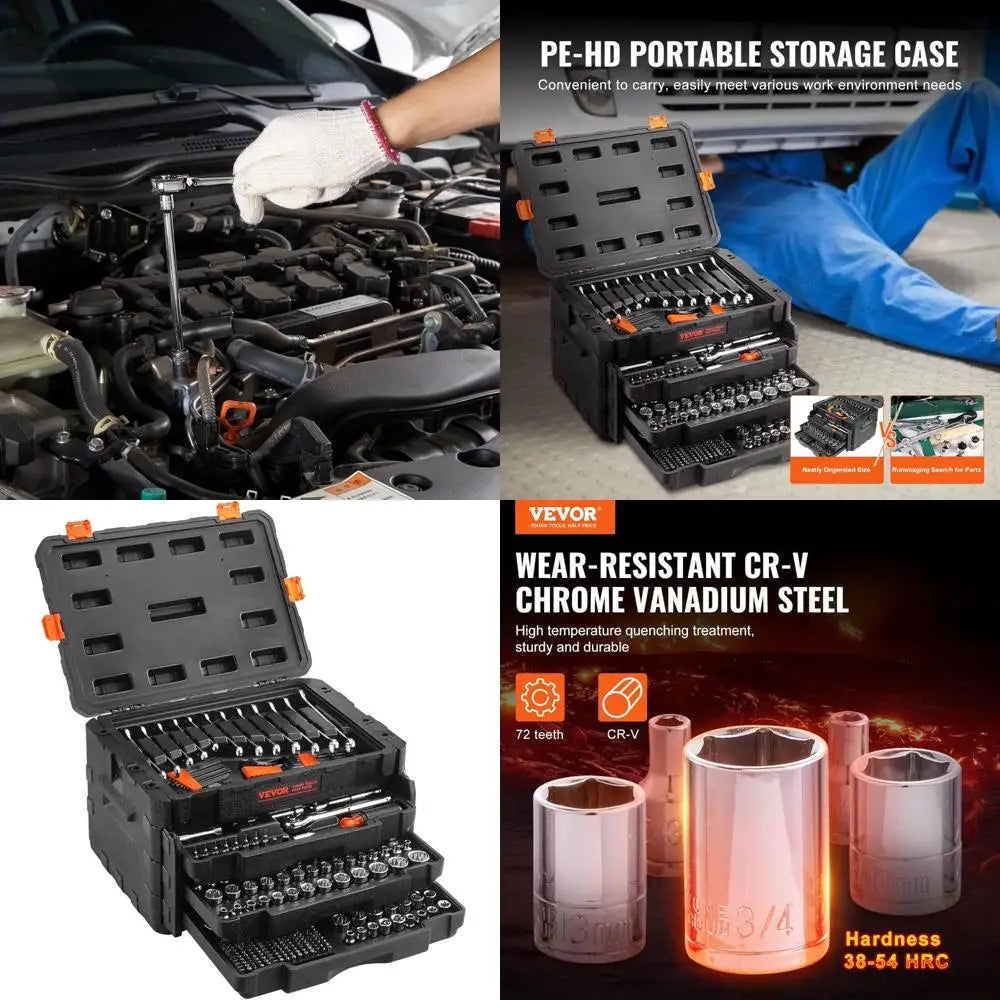 Complete 450-Piece Mechanics Tool Kit with 1/4, 3/8, and 1/2 Drive Deep and Standard Sockets in SAE and Metric