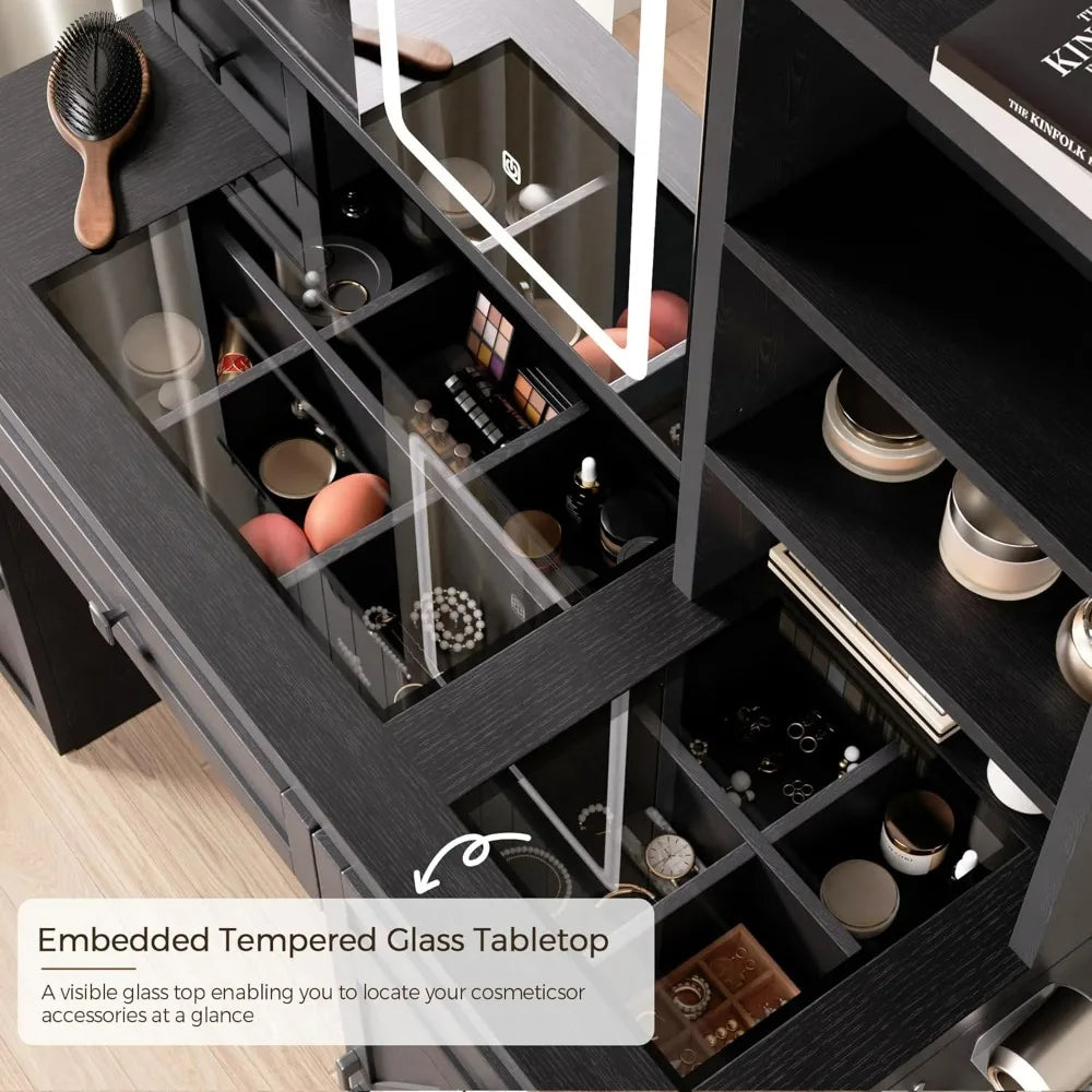 Customizable Rustic-Style Makeup Vanity Desk With Sliding Mirror, Lighting, And Glass Top Charging Station