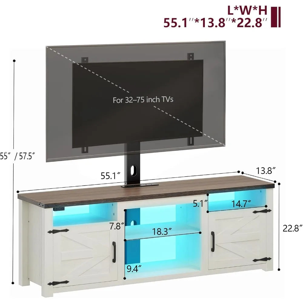 TV Stand with Mount, Farmhouse TV Stand for 32-75 inch TVs with Charging Station LED Lights, Entertainment Center with Storage