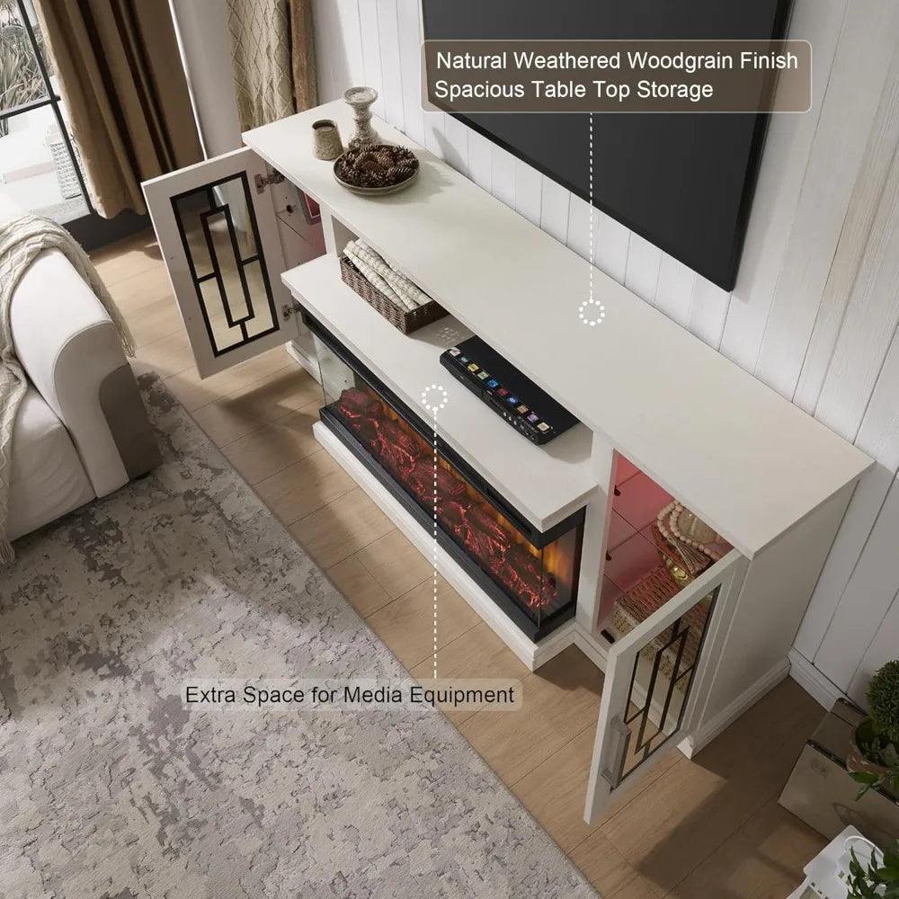 Modern 75" Electric Fireplace TV Stand 3-Sided Glass LED Media Entertainment Center Console Table for TVs up to 80/85"