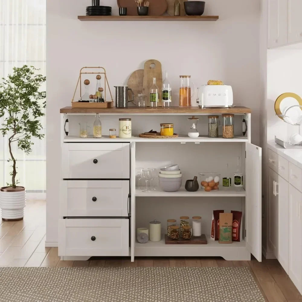 Farmhouse Buffet Cabinet with Drawers & Open Shelf, Sideboard with Storage, Kitchen Pantry Cabinet Hutch, Coffee Bar/Drinks