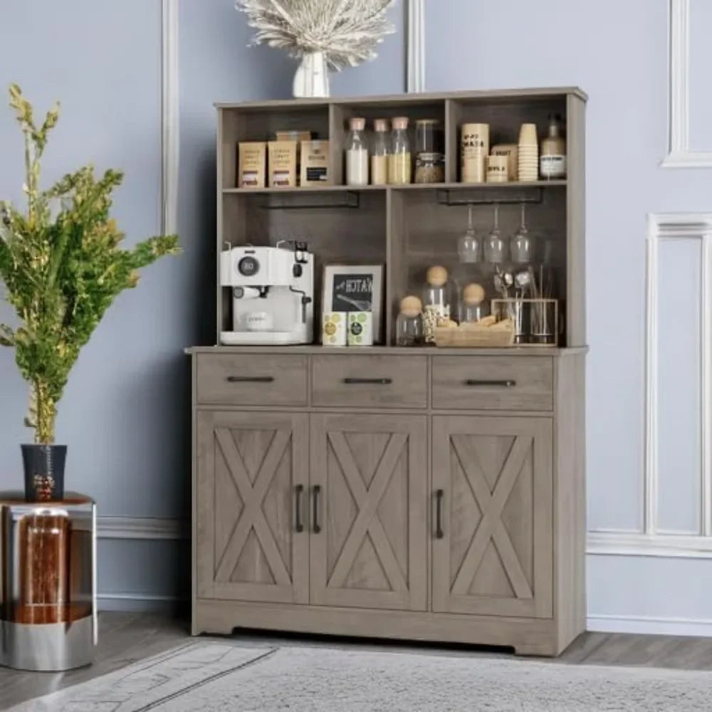 Buffet Cabinet with Hutch, Farmhouse Kitchen Buffet Sideboard Storage with 3 Drawers, Barn Door Coffee Bar Station/ Liquor