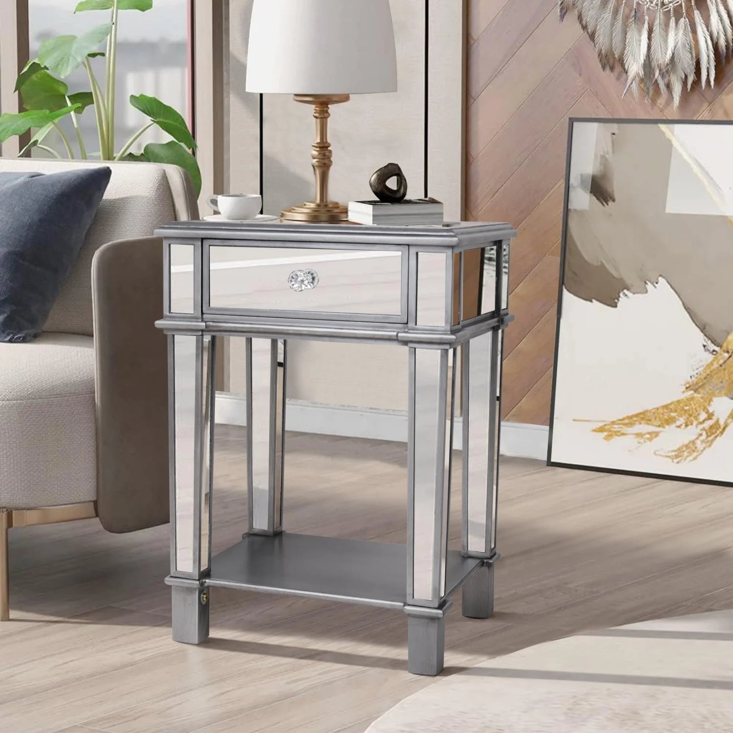 Silver Mirrored Nightstand, End Side Table for Bedroom, Living Room Bedside Table with Drawer and Open Shelf