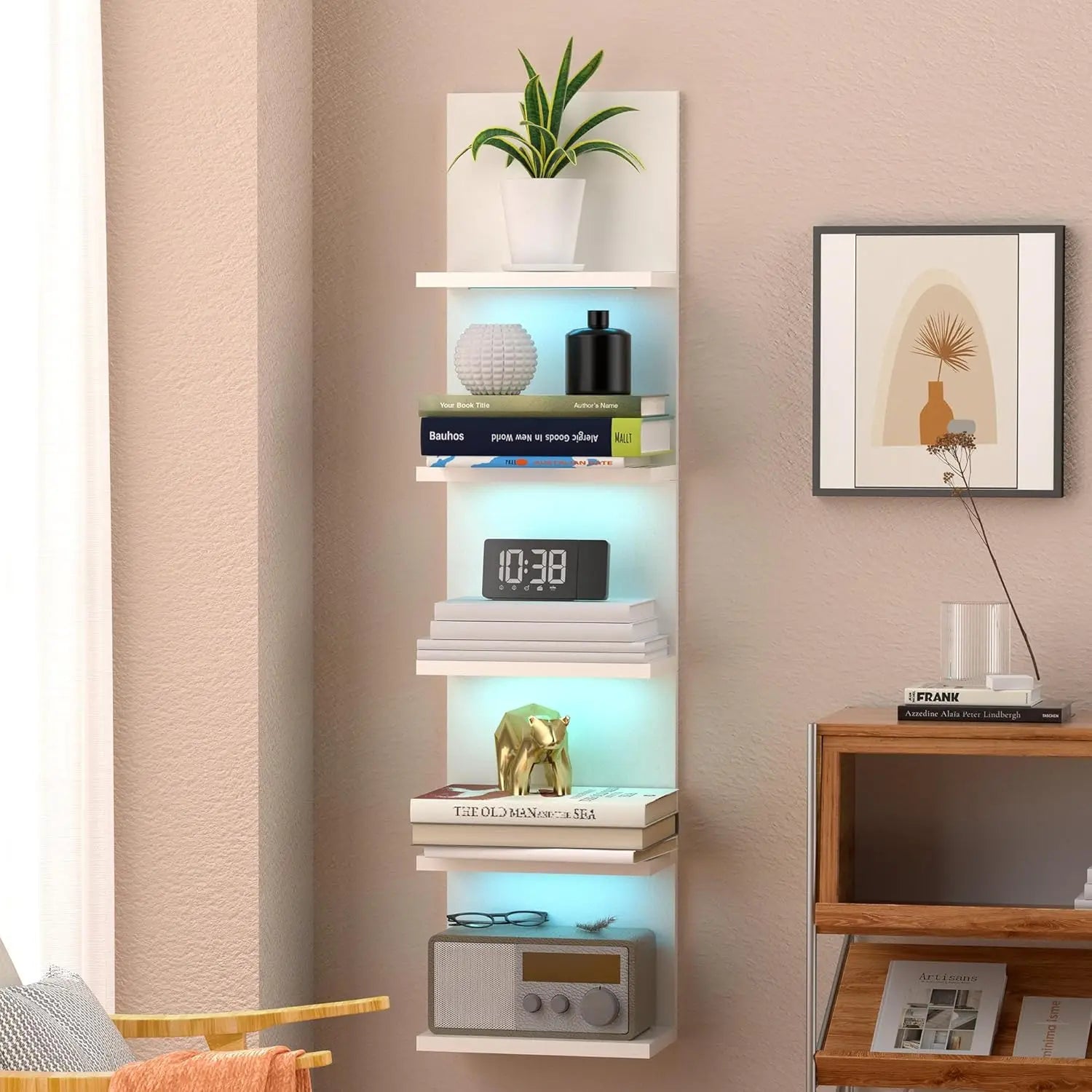 5-Tier Wall Shelf Unit with RGB Light, Floating Shelf for Wall Storage, Wall Mounted Vertical Display Shelf for Any Room