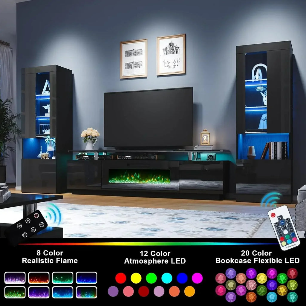 Entertainment Center with Fireplace and Bookcases, Fireplace TV Stand with 40" Fireplace, LED Lights & Glass Doors