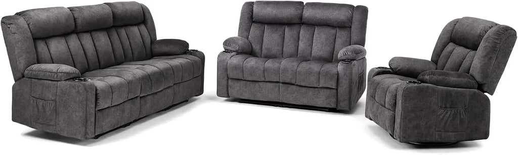 Manual Recliner Chair Set, Fabric Reclining Sofa Chair with Cup Holders, Upholstered Recliner with Side Pockets Suitable