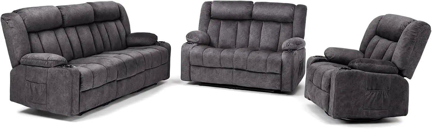 Manual Recliner Chair Set, Fabric Reclining Sofa Chair with Cup Holders, Upholstered Recliner with Side Pockets Suitable