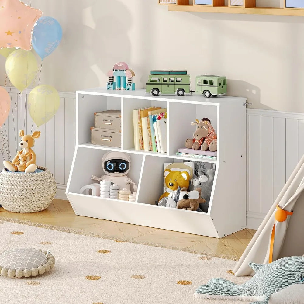 Kids Bookshelf Toy Storage Organizer, 5-Cubby Bookcase with Footboard, White Children's Furniture